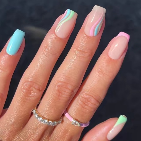 Acrylic Medium Square Tip Pastel French Manicure Rainbow Nails Professional Art - Picture 7 of 7